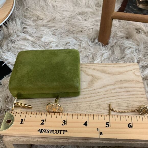 Vintage Swank Gold Tone Geometric Cuff Links & Tie Tack With Original Box - Picture 16 of 17